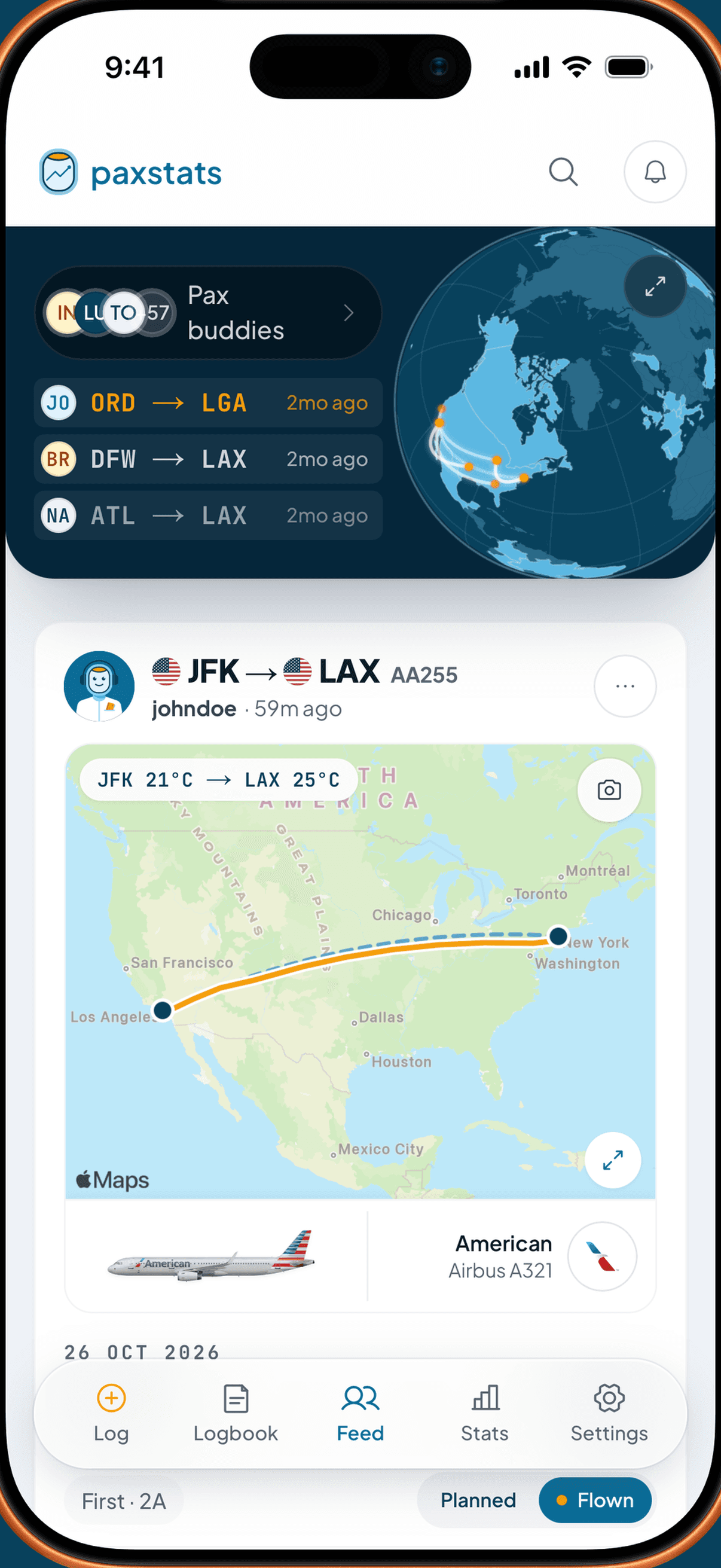 paxstats feed: pax buddies' latest flights next to a globe, then johndoe's JFK to LAX flight on a map with the American Airlines Airbus A321