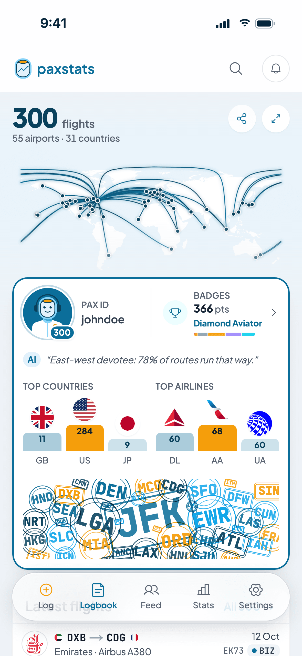 paxstats Logbook: 300 flights over a route map, the passport plate with top countries and airlines, and a cloud of airport stamps