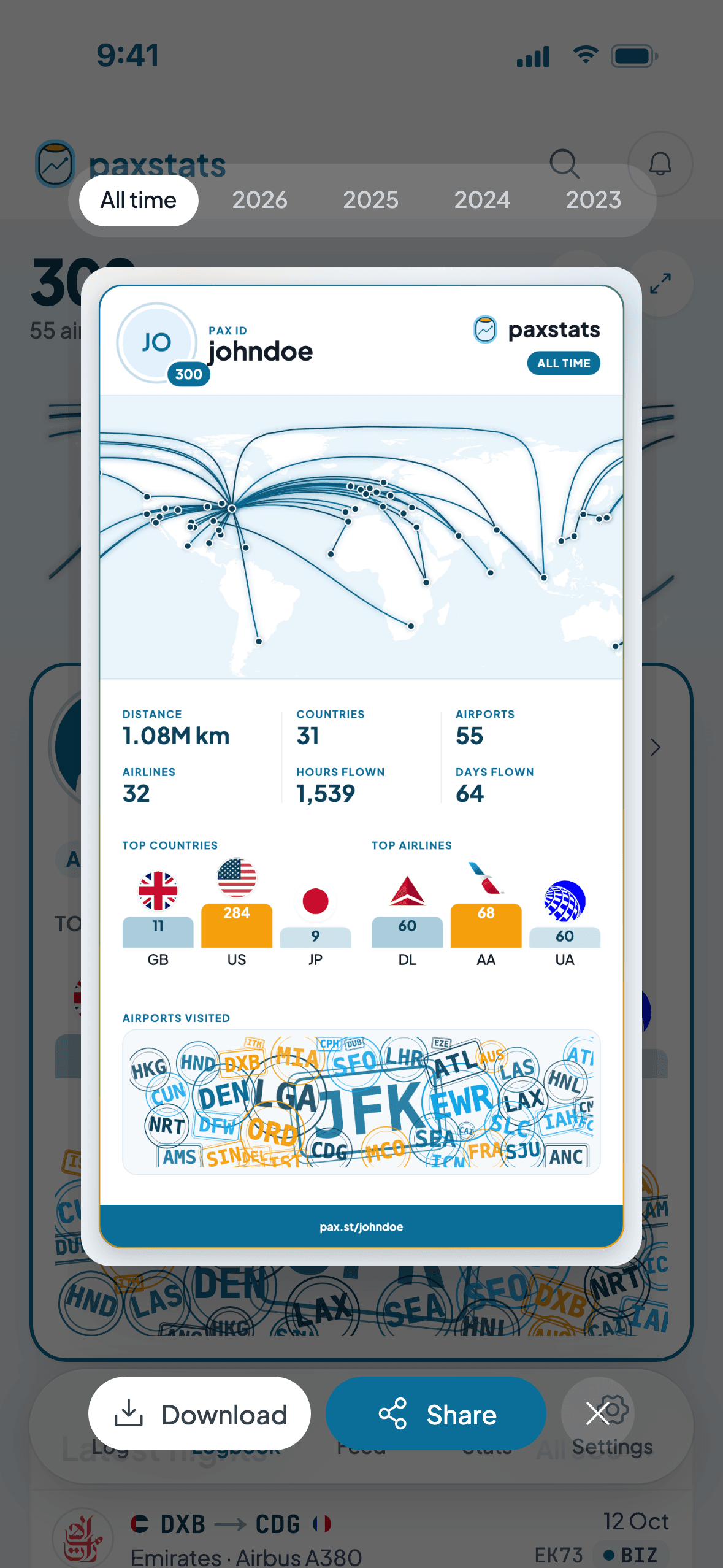 paxstats share card for a whole logbook: route map, distance, countries, airports, top airlines and airport stamps, with Download and Share buttons